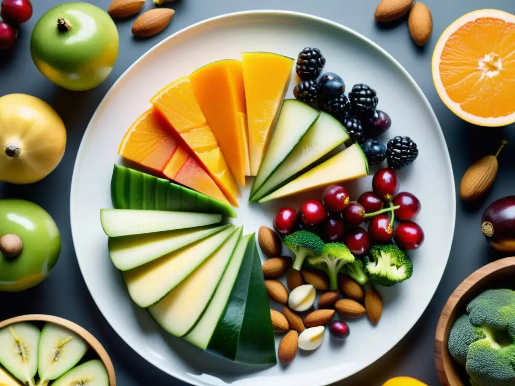 Una exquisita variedad de frutas, nueces y verduras en un plato blanco moderno