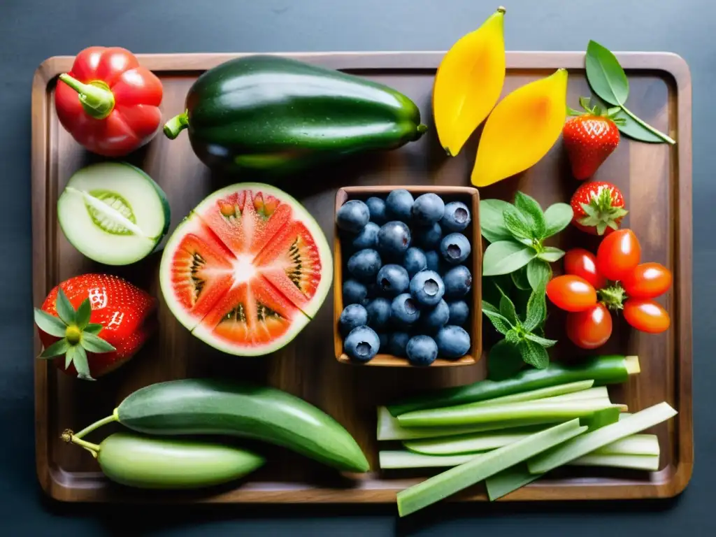 Una exquisita variedad de frutas y verduras frescas en una tabla de cortar de madera