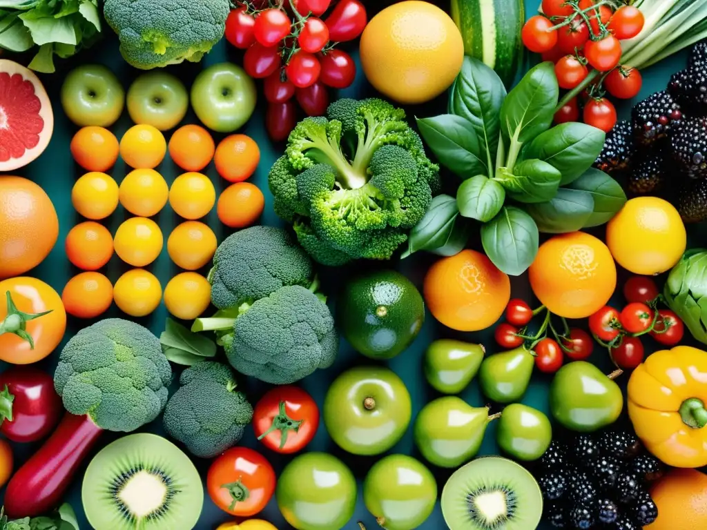 Una exquisita variedad de frutas y verduras frescas, dispuestas con armonía y color