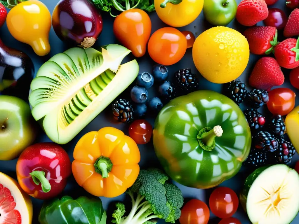 Una exquisita variedad de frutas y verduras coloridas y frescas, goteando agua