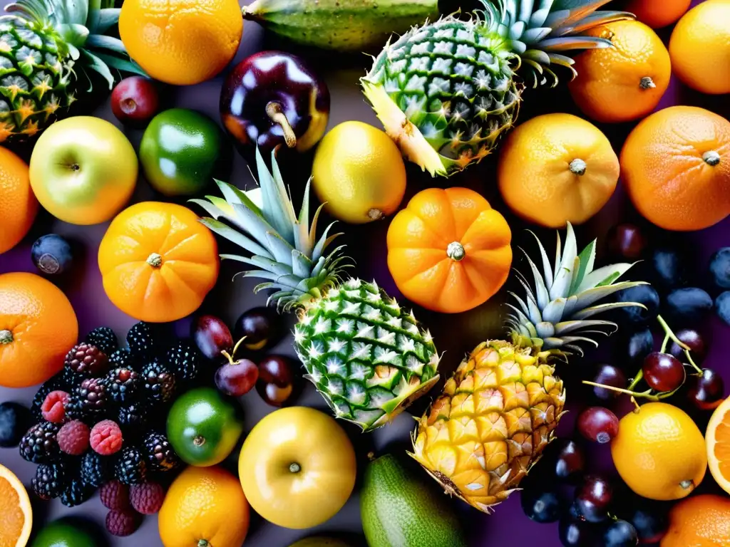 Una exquisita variedad de frutas y verduras coloridas dispuestas en círculo, con tonos vibrantes y texturas tentadoras