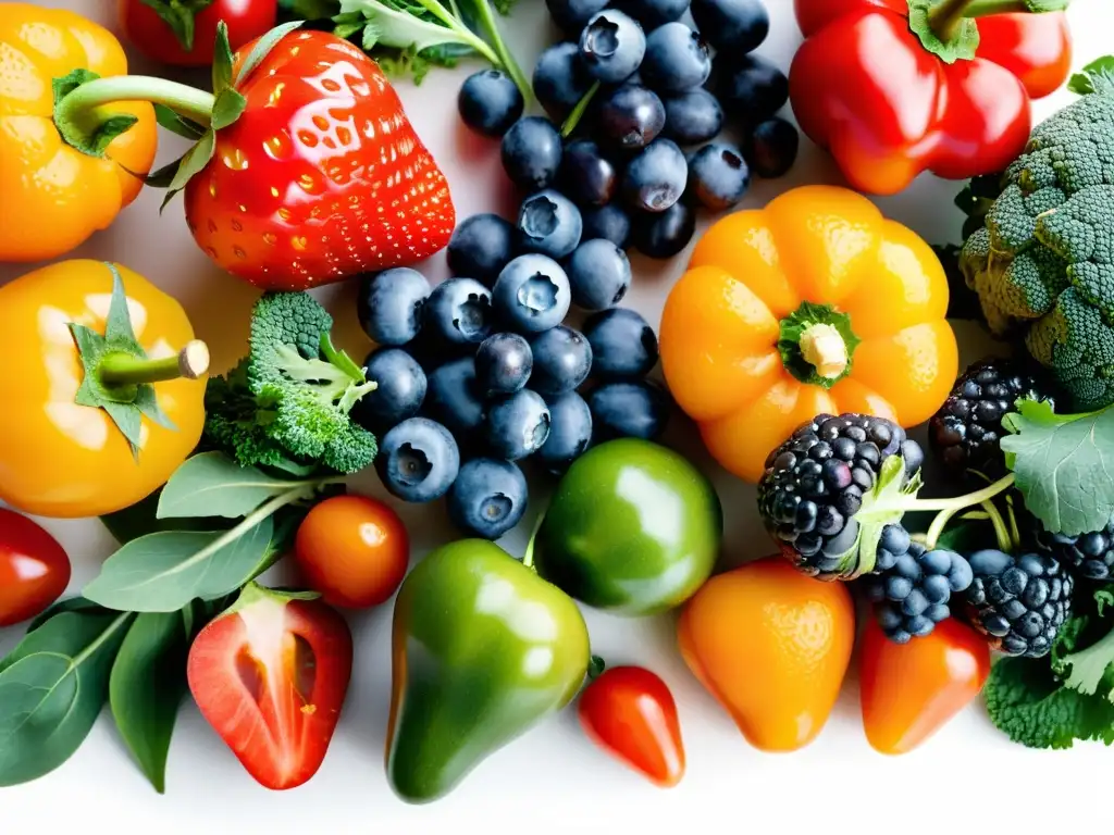 Una exquisita variedad de frutas y verduras frescas, con colores vibrantes, sobre una encimera moderna