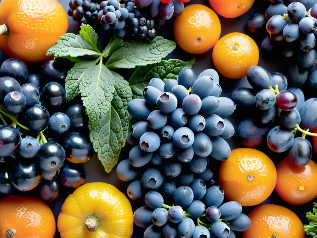 Una exquisita variedad de frutas y verduras antioxidantes frescas y vibrantes, goteando agua