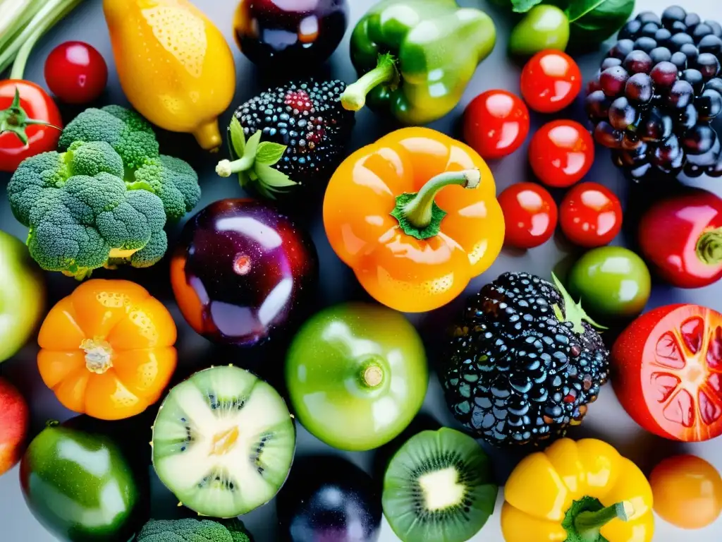 Una exquisita variedad de frutas y verduras frescas, perfectamente maduras y vibrantes, contra un fondo blanco limpio