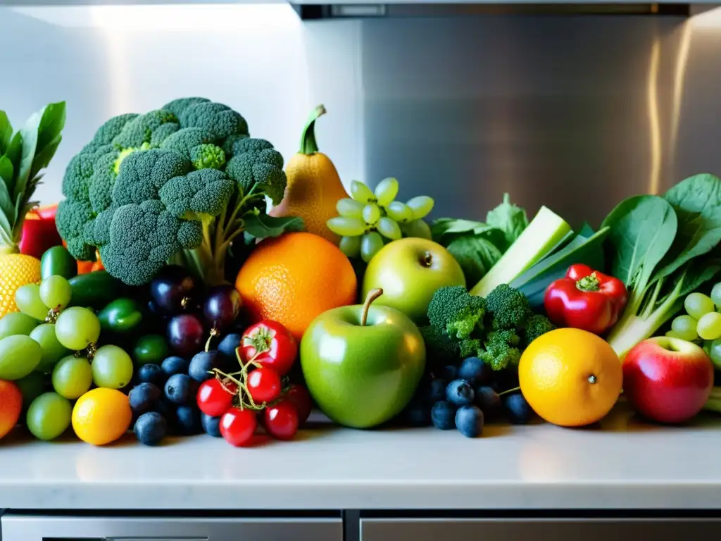 Una exquisita variedad de frutas y verduras frescas en una encimera de cocina moderna