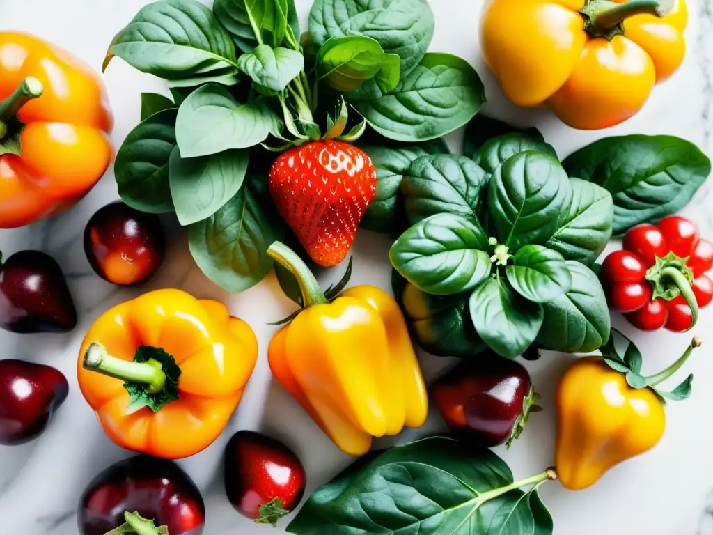 Una exquisita variedad de frutas y verduras frescas en un mostrador de mármol blanco