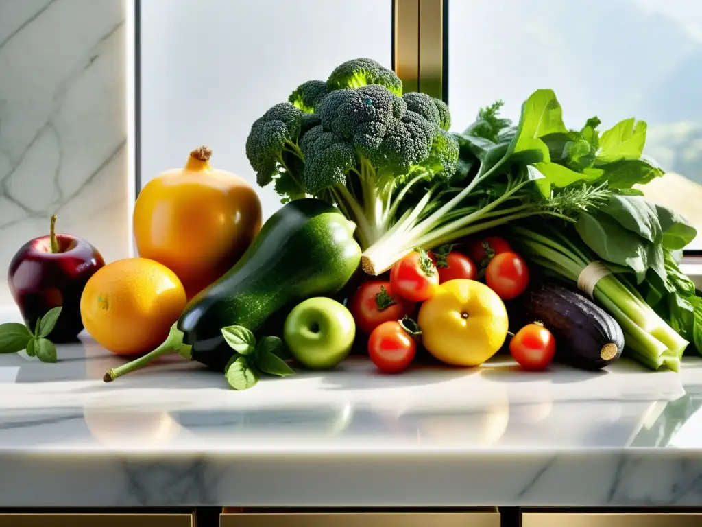 Una exquisita variedad de frutas, verduras y hierbas frescas se exhibe en una encimera de mármol, bañada por la cálida luz del sol