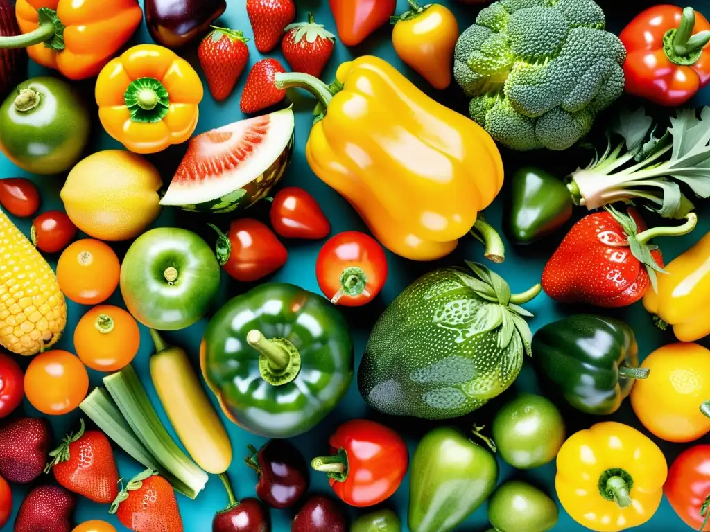 Una exquisita variedad de frutas y verduras frescas, organizadas meticulosamente en un patrón visualmente impactante