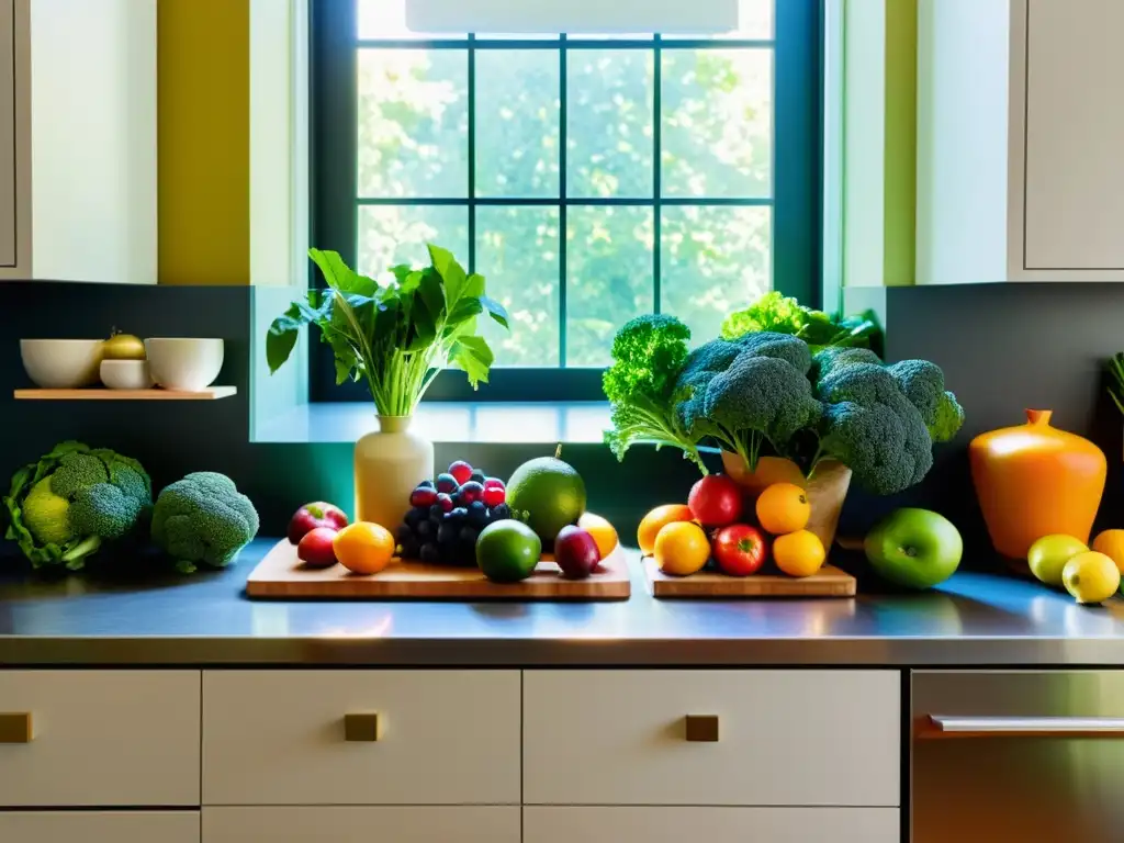 Una exquisita variedad de frutas y verduras frescas y orgánicas en una cocina moderna