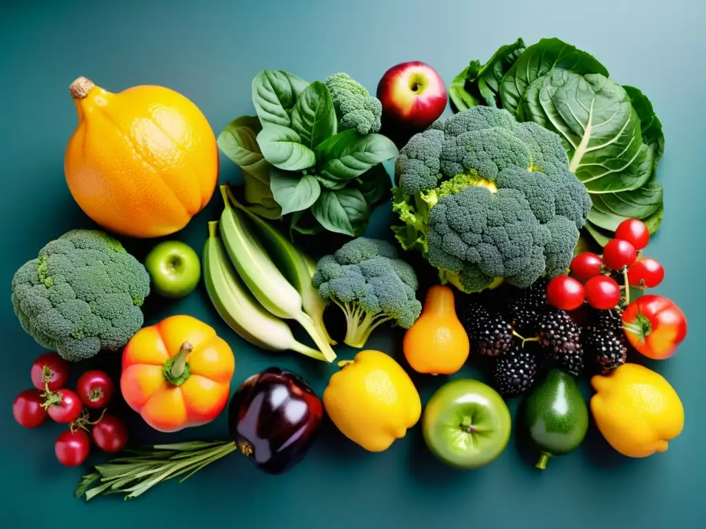 Una exquisita variedad de frutas y verduras frescas, organizadas con detalle