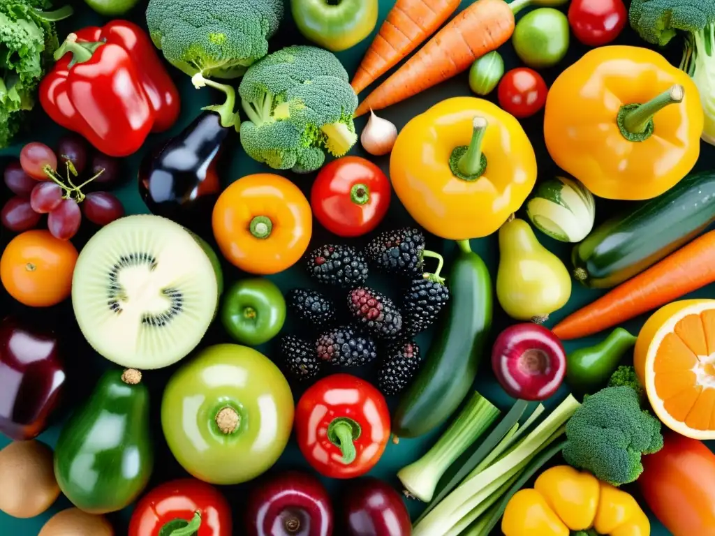 Una exquisita variedad de frutas y verduras frescas dispuestas en un patrón vibrante y apetitoso