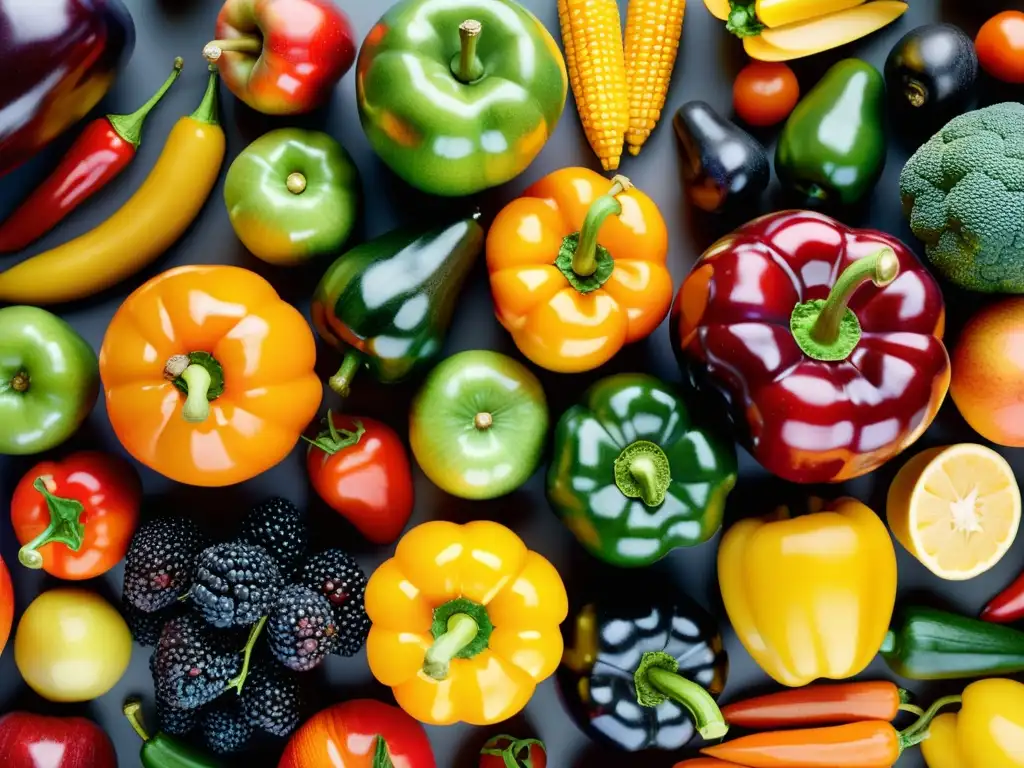 Una exquisita variedad de frutas y verduras coloridas, dispuestas en un patrón visualmente impactante