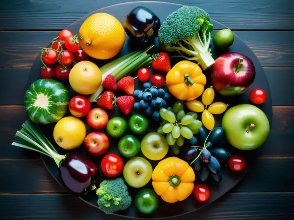 Una exquisita variedad de frutas y verduras frescas en un círculo vibrante sobre mesa de madera oscura