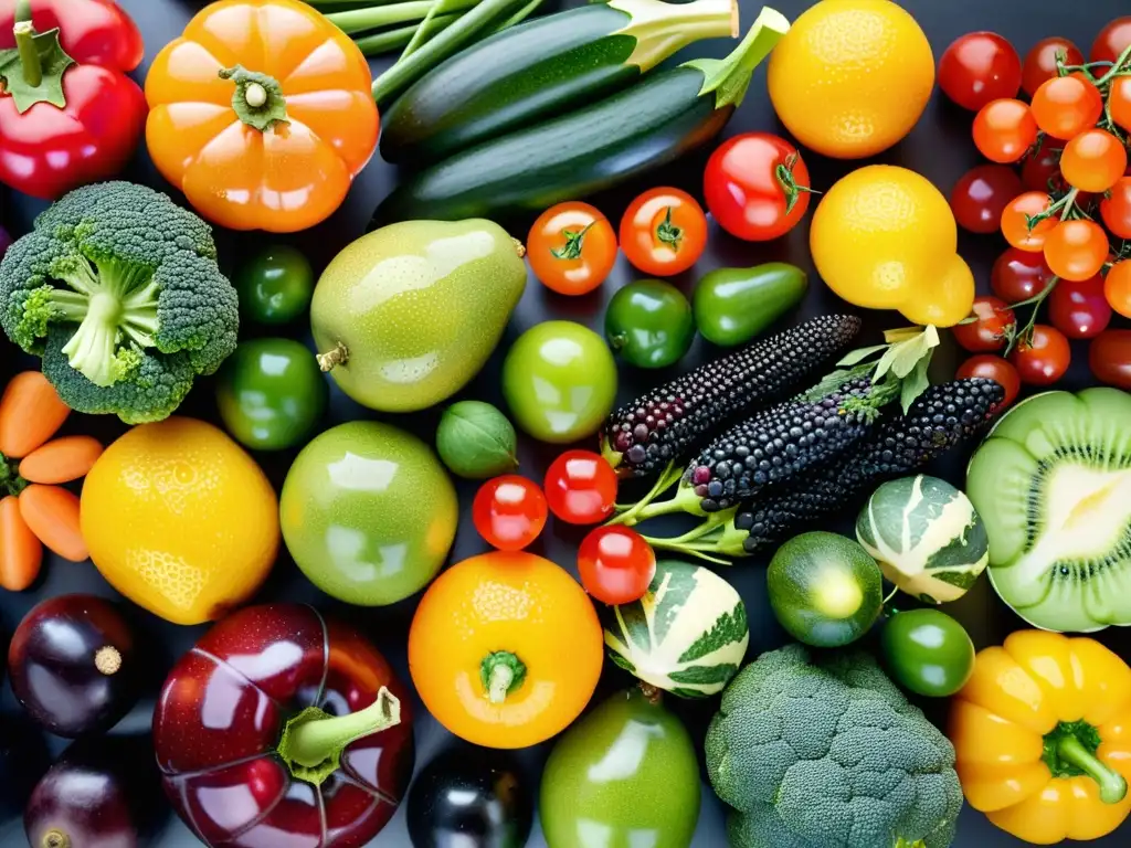 Exquisita variedad de frutas y verduras frescas en una encimera moderna