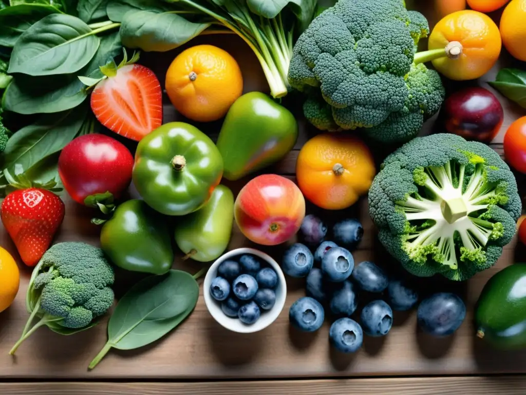 Una exquisita variedad de frutas y verduras frescas, organizadas sobre una mesa de madera con luz natural