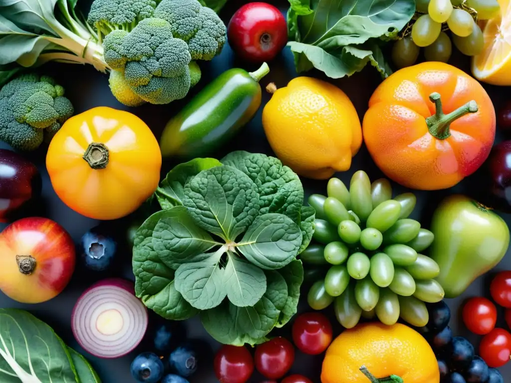 Una exquisita variedad de frutas y verduras resplandecientes, realzadas por la luz natural