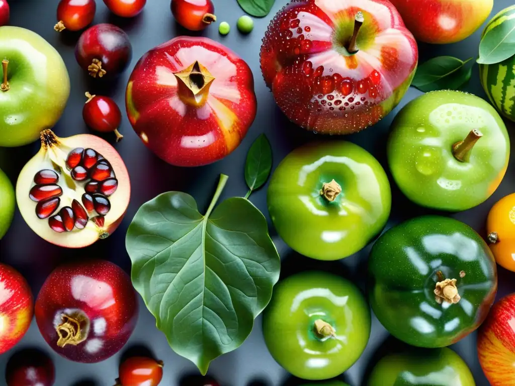 Una exquisita variedad de frutas y verduras frescas, con texturas vibrantes y colores que evocan vitalidad y frescura