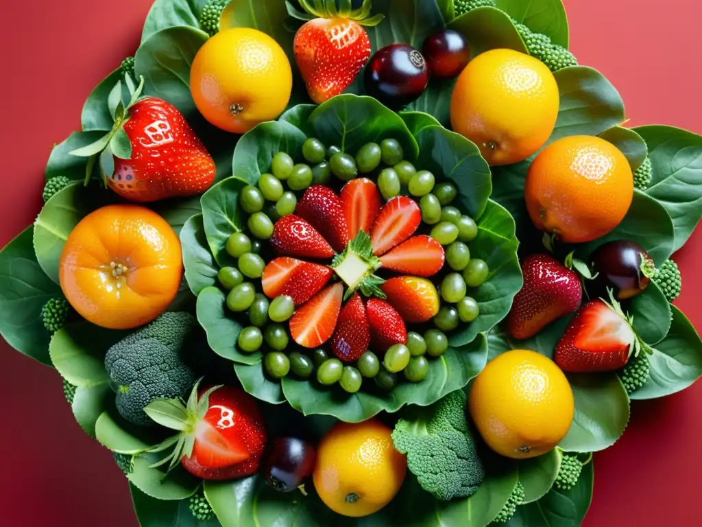 Una exquisita variedad de frutas y verduras en un arreglo circular, resaltando su colorido y frescura