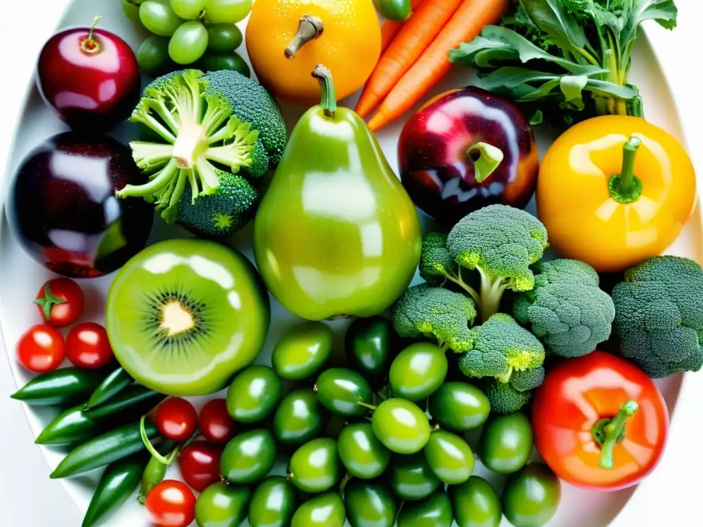 Una exquisita variedad de frutas y verduras vibrantes y nutrientes en un plato blanco moderno, resaltando la importancia de la nutrición inmunológica