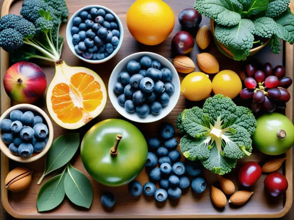 Una exquisita variedad de frutas, verduras, frutos secos y semillas en una mesa rústica