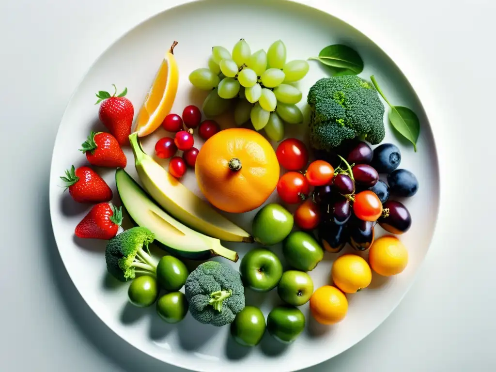 Una exquisita variedad de frutas y verduras frescas, dispuestas en un plato blanco minimalista