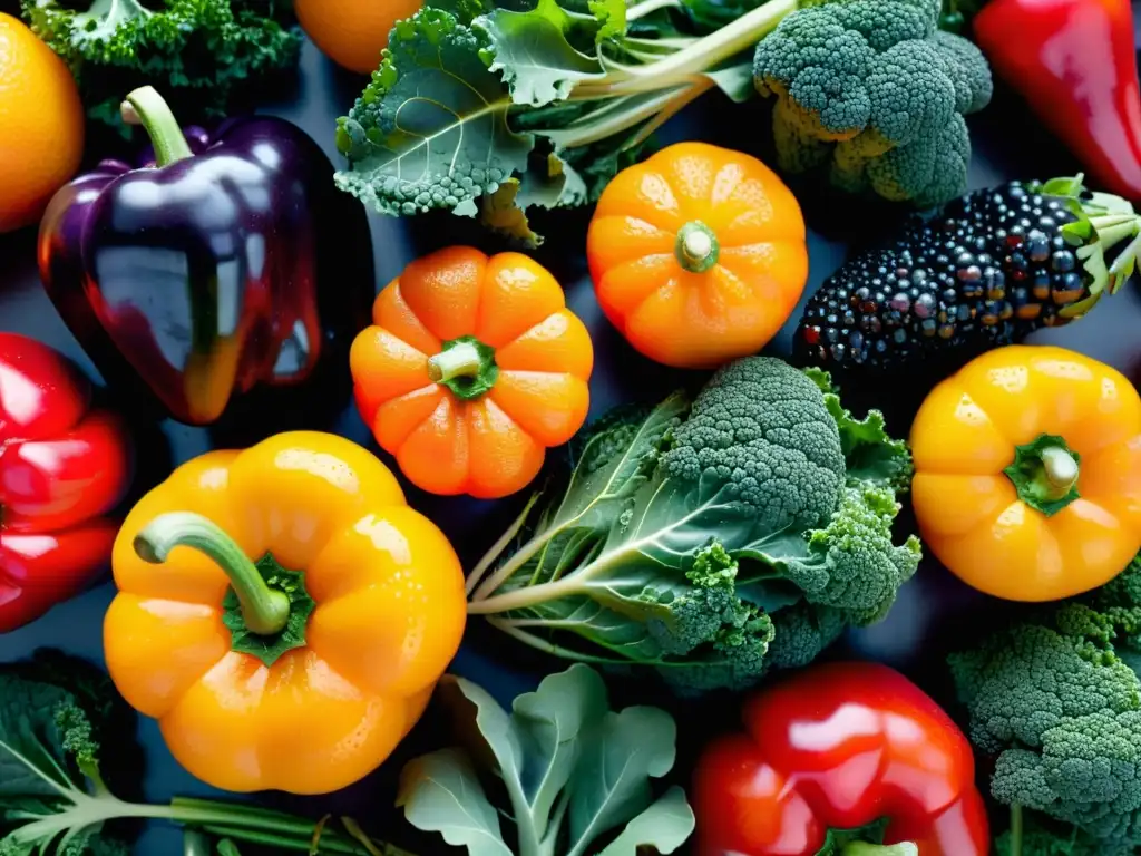 Una exquisita variedad de frutas y verduras frescas, vibrantes y coloridas, con gotas de agua, iluminadas naturalmente