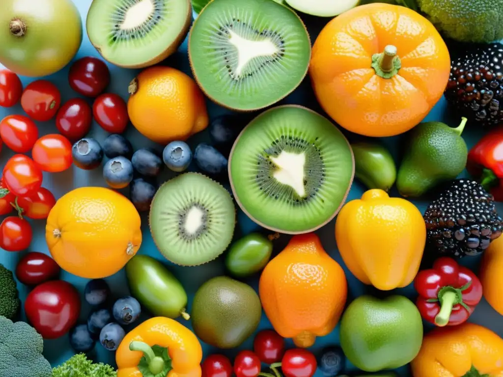 Una exquisita variedad de frutas y verduras coloridas, transmitiendo vitalidad