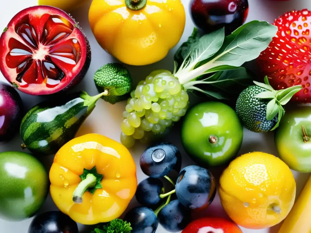 Una exquisita variedad de frutas y verduras frescas con gotas de agua brillante, resaltando su colorido y frescura natural