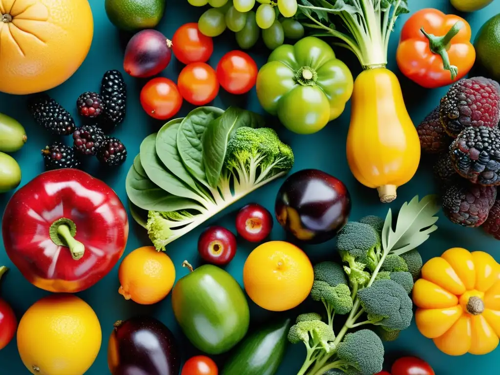 Una exquisita variedad de frutas y verduras frescas, con colores vibrantes y texturas naturales, ideal para fortalecer el sistema inmune con una dieta saludable