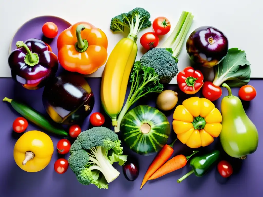 Una exquisita variedad de frutas y verduras frescas y coloridas, dispuestas de forma artística en un fondo blanco limpio