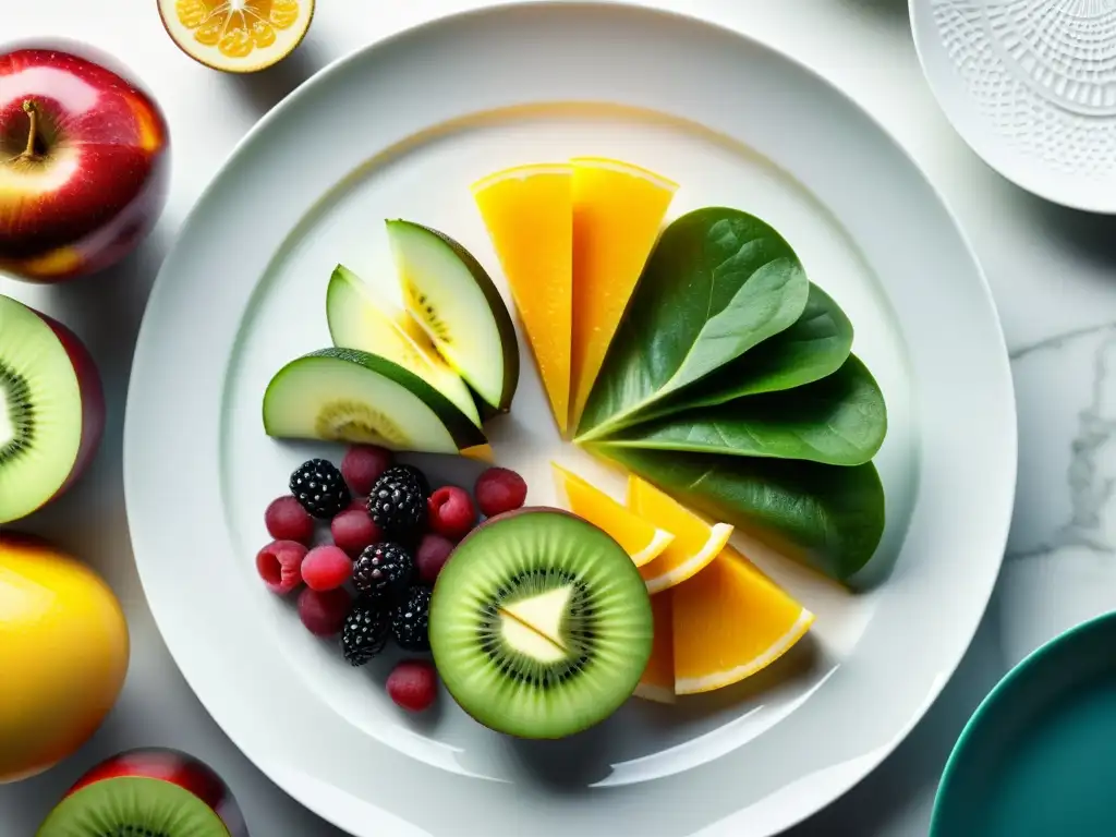 Una exquisita variedad de frutas y verduras vibrantes y frescas, en una elegante presentación en plato blanco