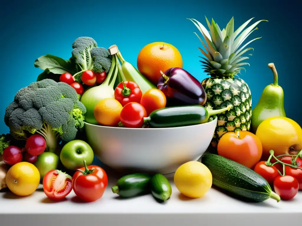 Una exquisita variedad de frutas y verduras coloridas, dispuestas de forma llamativa