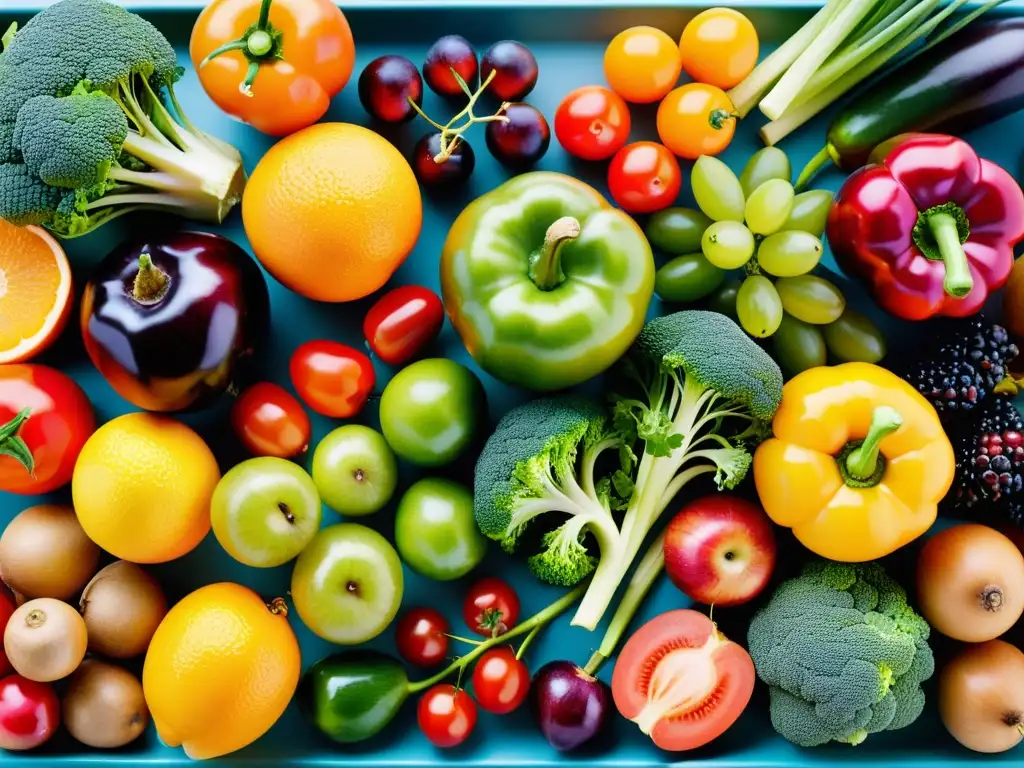 Una exquisita variedad de frutas y verduras, vibrante y fresca, resaltando los nutrientes clave para el sistema inmune