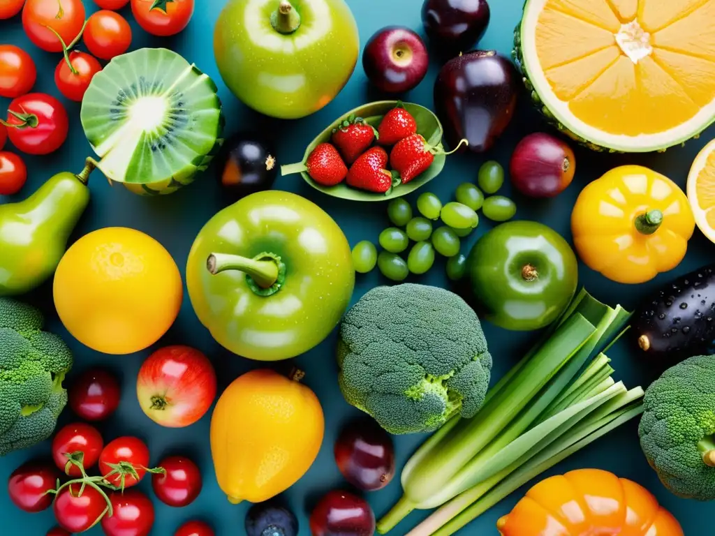 Una exquisita variedad de frutas y verduras frescas, brillantes y coloridas, dispuestas de manera artística