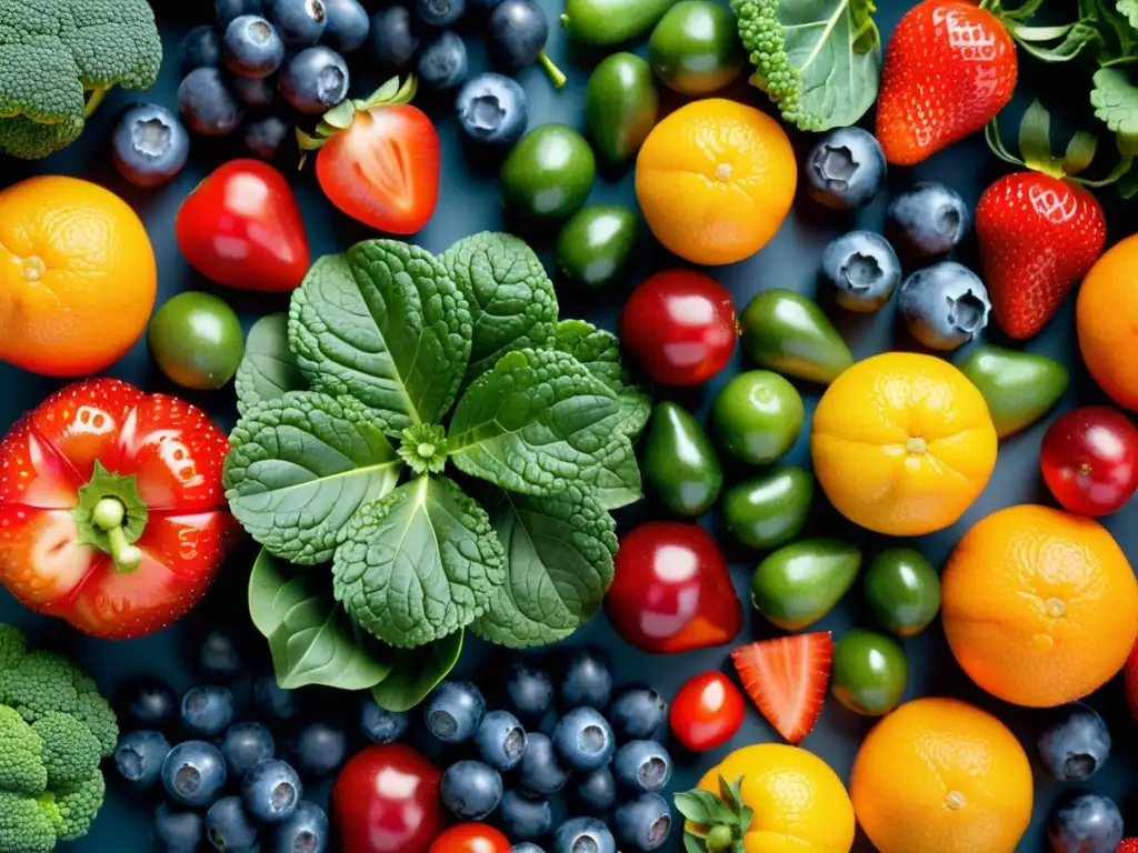 Una exquisita variedad de frutas y verduras frescas, brillantes y coloridas, que resaltan su belleza orgánica y su apoyo a la salud del sistema inmune