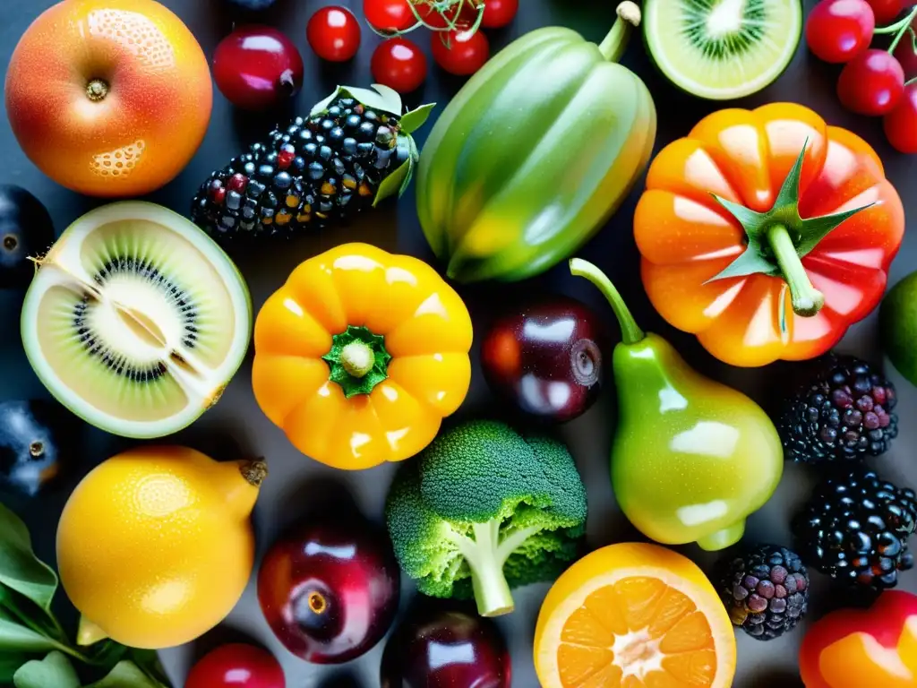 Una exquisita variedad de frutas y verduras en un patrón simétrico, con gotas de agua brillante