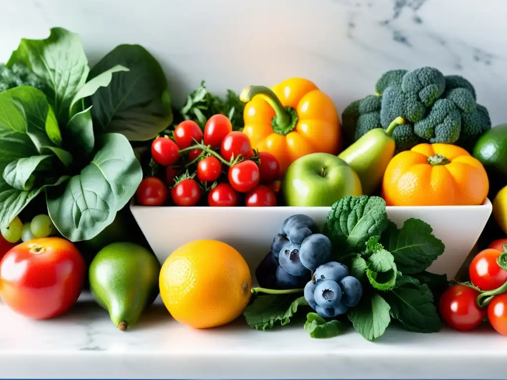 Una exquisita variedad de frutas y verduras frescas sobre una encimera de mármol blanco, bañadas por una suave luz natural