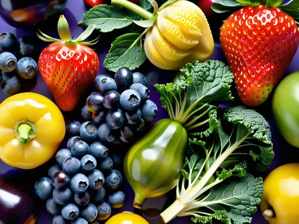 Una exquisita variedad de frutas y verduras frescas, con fresas rojas, arándanos azules, hojas de kale verde, plátanos amarillos y berenjenas moradas