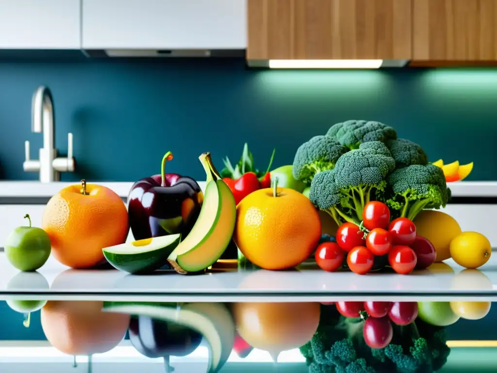 Una exquisita variedad de frutas y verduras frescas en una cocina moderna