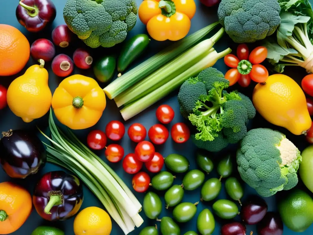 Una exquisita variedad de frutas y verduras coloridas, dispuestas en un patrón llamativo y estéticamente agradable