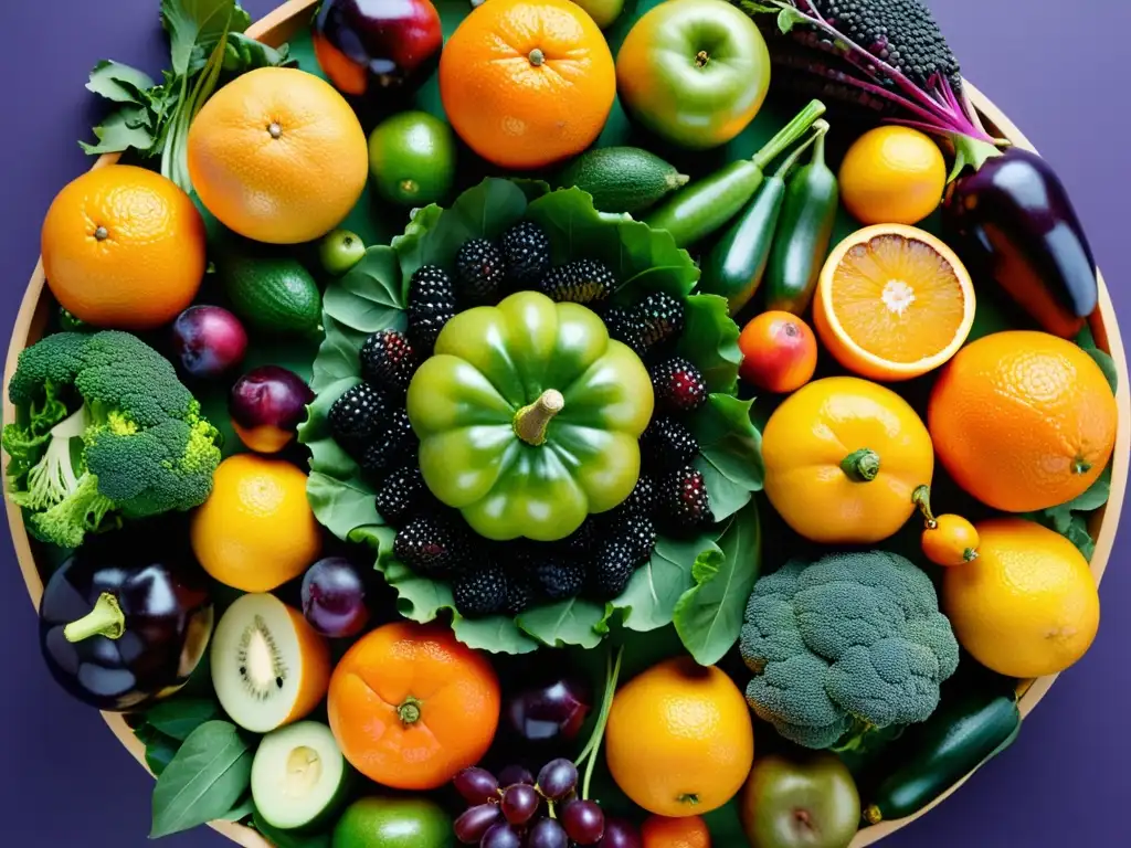 Una exquisita variedad de frutas y verduras coloridas, dispuestas en un patrón circular detallado