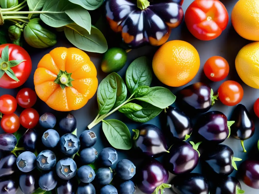 Una exquisita y vibrante selección de frutas y verduras, creando una presentación irresistible