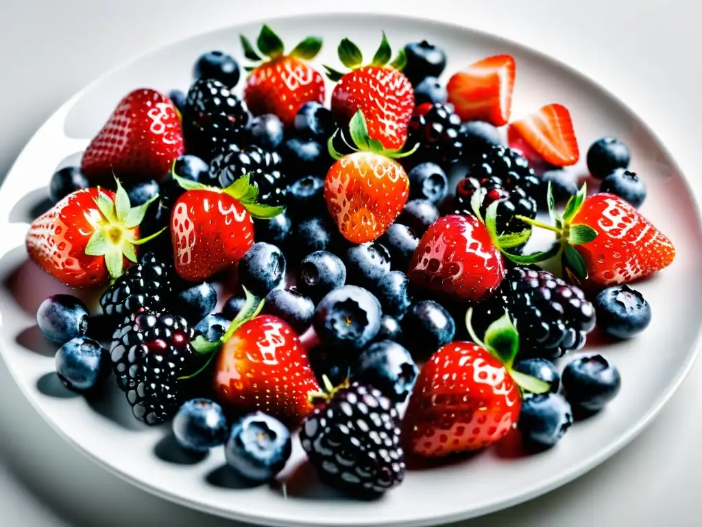 Una exquisita y vibrante variedad de bayas frescas en un plato blanco, irradiando vitalidad y nutrición, ideal para fortalecer el sistema inmunológico