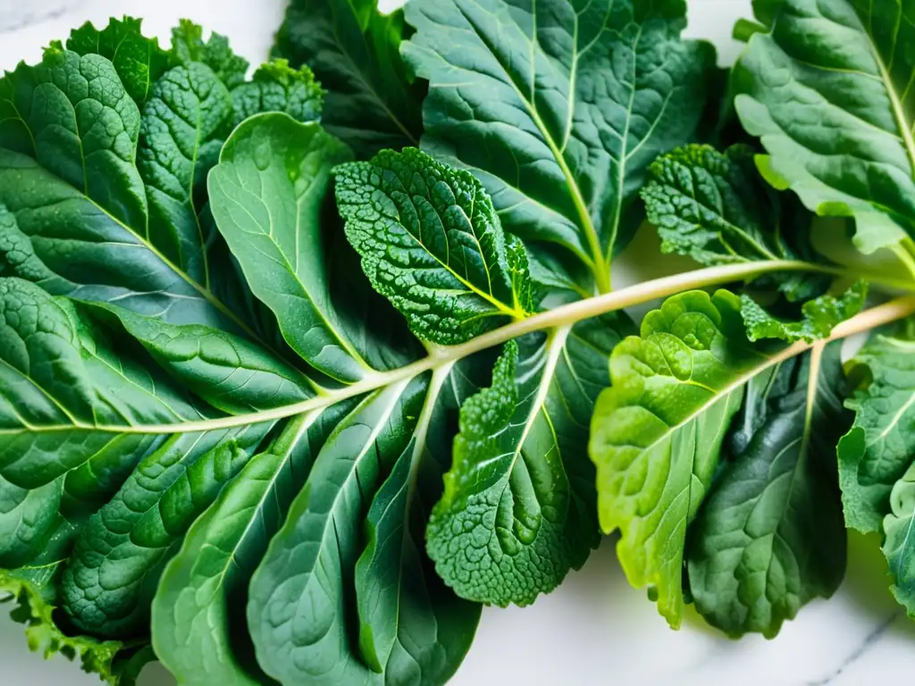 Un exquisito y fresco arreglo de vegetales verdes sobre mármol blanco iluminado por el sol