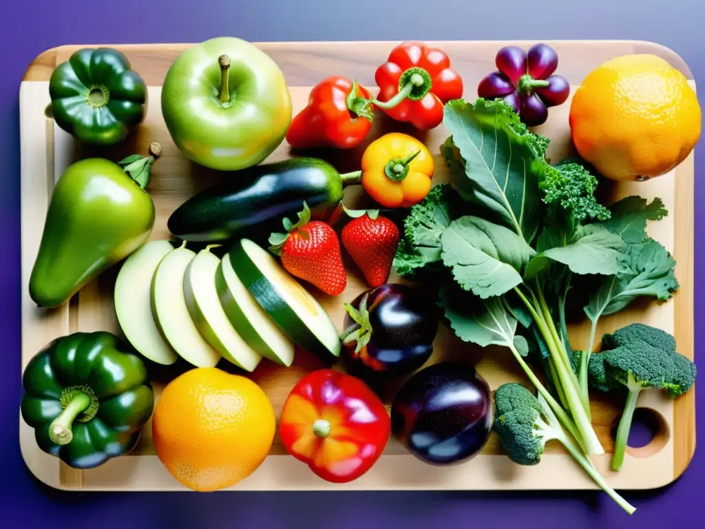 Una exuberante y colorida variedad de frutas y verduras frescas, ordenadas sobre una tabla de cortar de madera