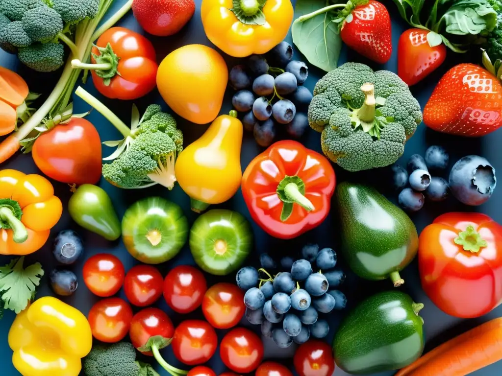 Un exuberante y colorido arreglo de frutas y verduras frescas que invita a fortalecer el sistema inmunológico con una dieta rica en nutrientes