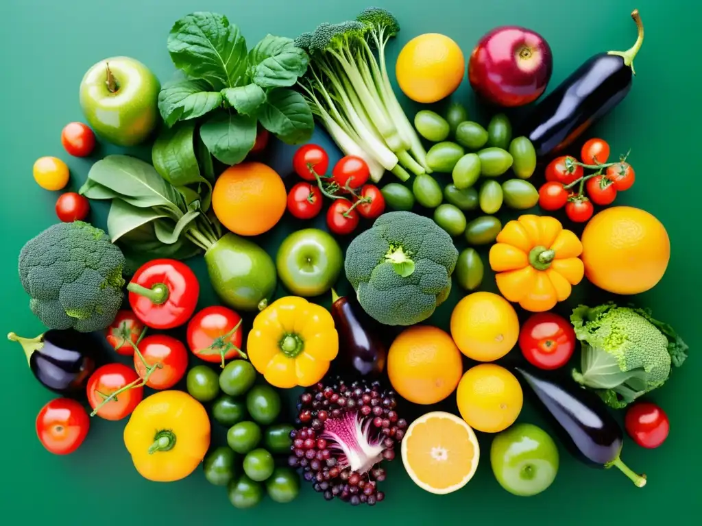 Una exuberante y detallada imagen de una colorida variedad de frutas y verduras frescas, dispuestas en un patrón visualmente impactante y simétrico