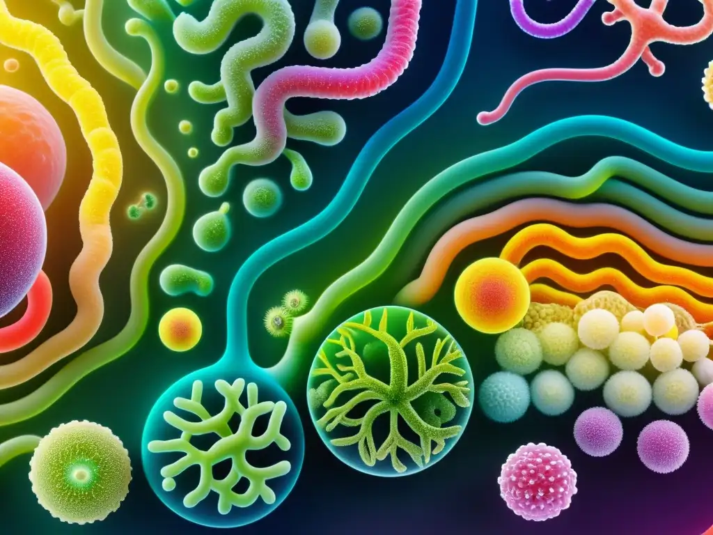 Exuberante ecosistema de microbiota intestinal, ilustrando la combinación de probióticos y prebióticos para beneficios óptimos de salud