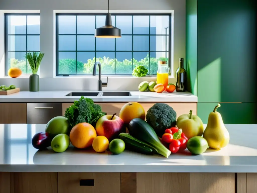 Una exuberante exhibición de frutas y verduras frescas en una cocina moderna