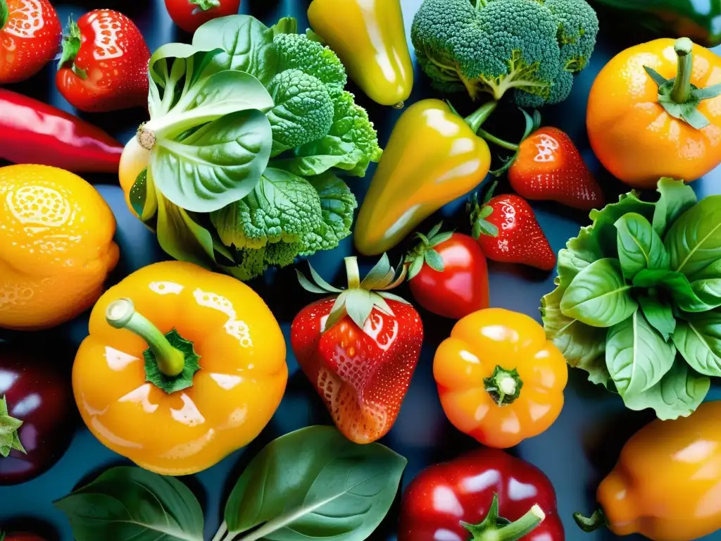 Una exuberante exhibición de frutas y verduras frescas, goteando agua, realzando la importancia de la nutrición inmunitaria